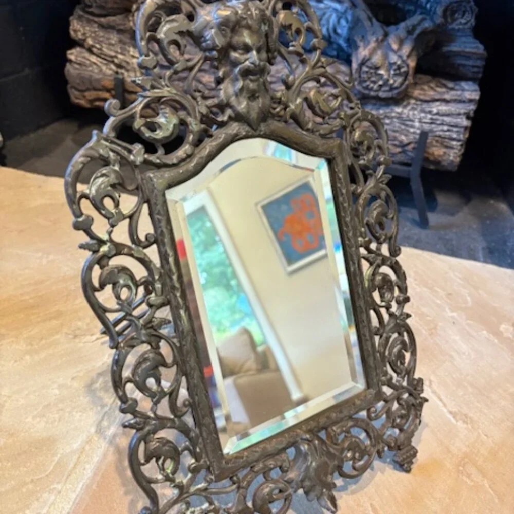 Antique 19th C. Victorian Ornate Bacchus Dionysius Brass Mirror Frame with Stand